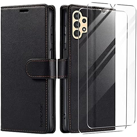 ivencase Flip Case Compatible with Samsung Galaxy A13 4G Case and 2 Tempered Glass Screen Protector, Leather Wallet Flip Cover with Card Slots Magnetic Closure Kickstand Case Samsung A13 - Black Cover