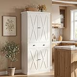 IRONCK 72.6' Tall Farmhouse Kitchen Pantry with Drawer and Adjustable Shelves, Freestanding Storage Cabinet with X-Design Doors, Large Floor Cupboard for Kitchen, Dining Room, White