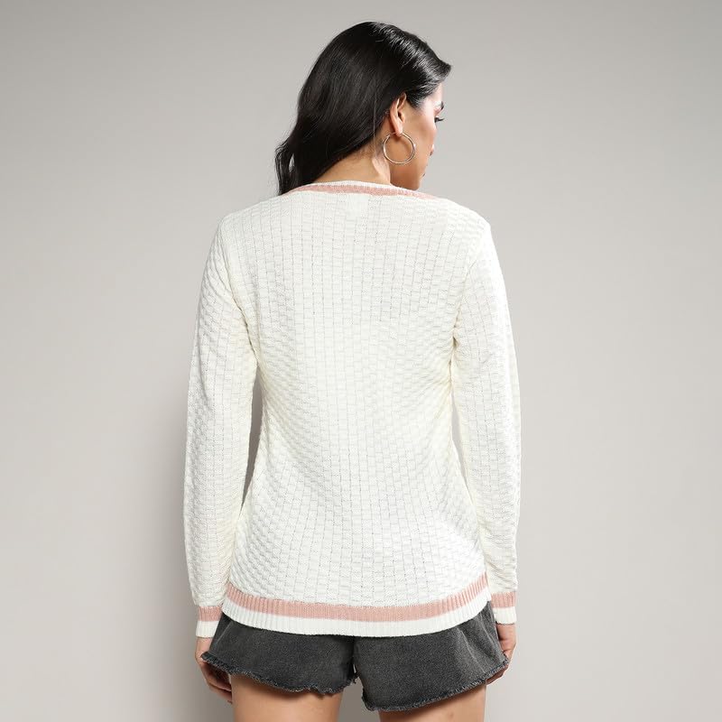 Image of PINACOLADA Women's Geometric-Textured Pullover Sweater for Casual Wear | Crew Neck | Long Sleeves | Pull On Closure | Sweater Crafted with Comfort Fit for Everyday Wear
