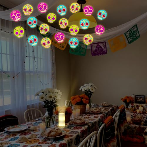 Image of Baquler Day of the Dead Decoration Flameless Candles Sugar Skull Projector Light Colorful Skull LED Candle Battery Operated Night Light with Remote and Timer Indoor Bedroom Halloween Mexican Decor
