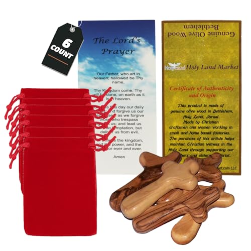 Holy Land Market 6 Large Handheld Olive Wood Crosses from the Holy Land with Bags & Certificates