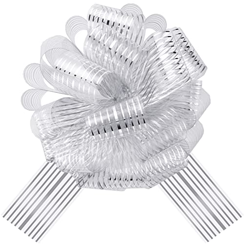 20 Inch Christmas Car Bow Pull Giant Car Present Wrapping Bow, Silver Stripe Waterproof Car Ribbon Bow for Christmas Car Decor, Wedding New Houses Party Celebration