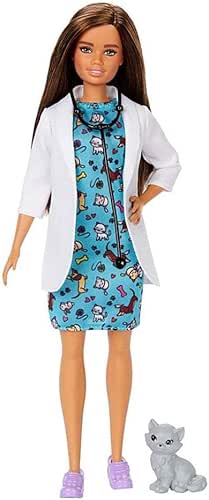 Barbie Métiers poupée Vétérinaire Brune avec Robe imprimée, Blouse Blanche,