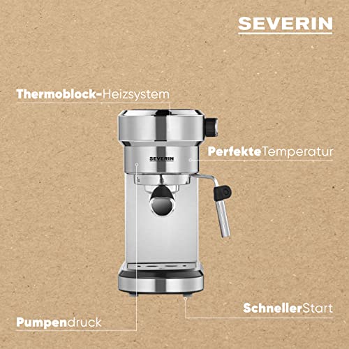 SEVERIN Espressomaschine "Espresa", Siebträgermaschine mit 3 Einsätzen, Kaffeemaschine mit Milchschäumer für Kaffee-Milch-Spezialitäten, 1,1l, Edelstahl-gebürstet/schwarz, KA 5994 – Bild 5