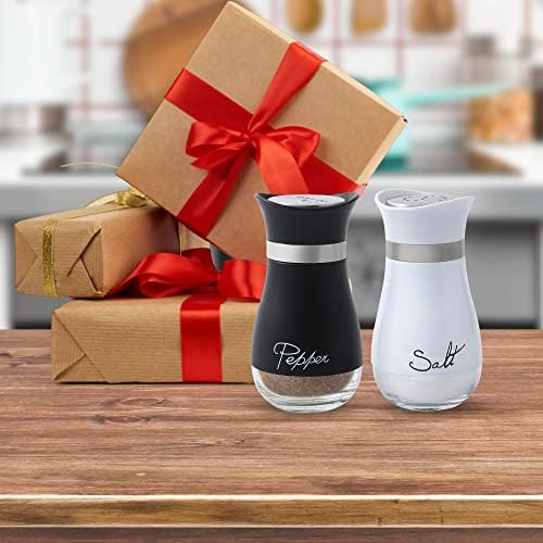 Lonffery Salt and Pepper Shakers Set - Salt Containers for Gifts, Kitchen Decor, Home, RV, Camp, BBQ, 4 oz Farmhouse Spice Dispenser with Glass Bottom, Black and White, Set of 2 — view 6
