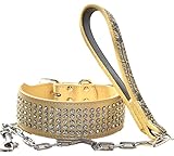 haoyueer Cadena de collar de perro con diamantes de imitación de cuero de 5 cm de ancho, con cadena de correa de correa para perro de alta resistencia, ajuste Pitbull, Bulldog, Doberman (L, dorado)