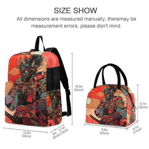 Backpack Lunch Box Set Large Capacity Travel Backpacks and Insulated Lunch Bag for Commute Hiking Picnic Anime Mask Samurai Print2