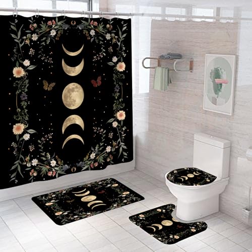 Emwnodti 4 Pcs Bathroom Sets for Moon Phase Shower Curtain,