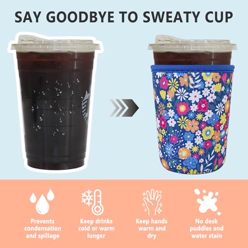 Image of 3 Pack Reusable Iced Coffee Sleeves - Xumbtvs Insulator Sleeve for Cold Beverages, Neoprene Coffee Cup Holder (Floral 01)