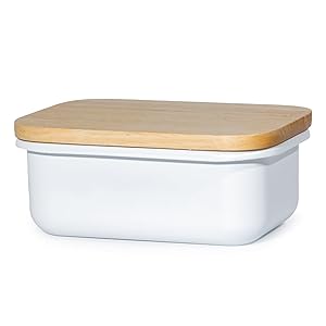 Theo&Cleo Butterdose mit Holzdeckel, Butterglocke für 250 g Butter, Multi-Funktion Butter Dish, Bambusdeckel (Weiß + Bambus)