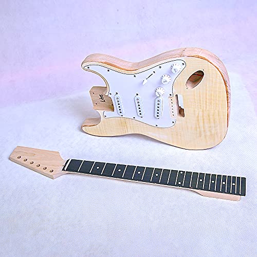Coban Guitars Build your own DIY Guitar Kit ST4FF Ash Body Flame Maple both Sides Hardware Chrome with White Pickguard (ST4FF WHITE PICKGUARD)
