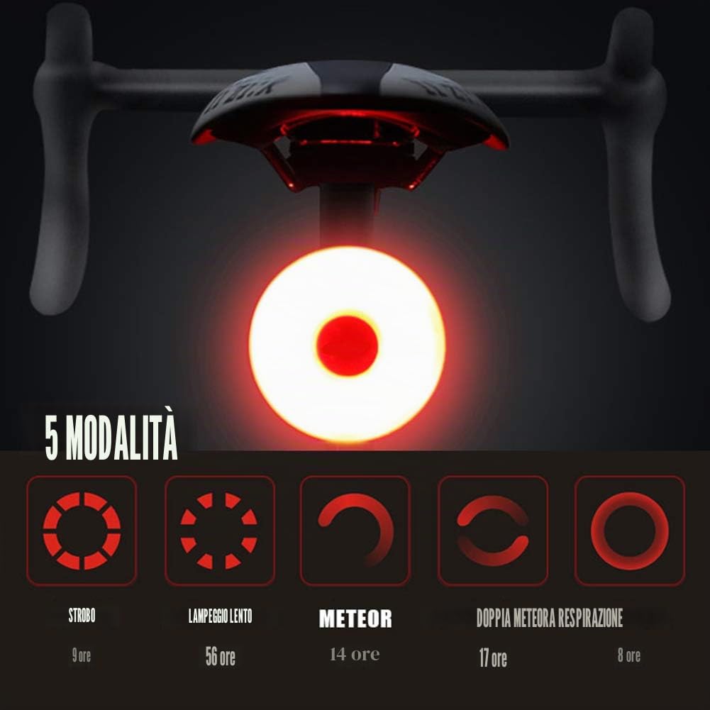 WASAGA Luce Posteriore per Bicicletta, LED USB Ricaricabile Impermeabile Avvertimento 5 modalità Luce Posteriore