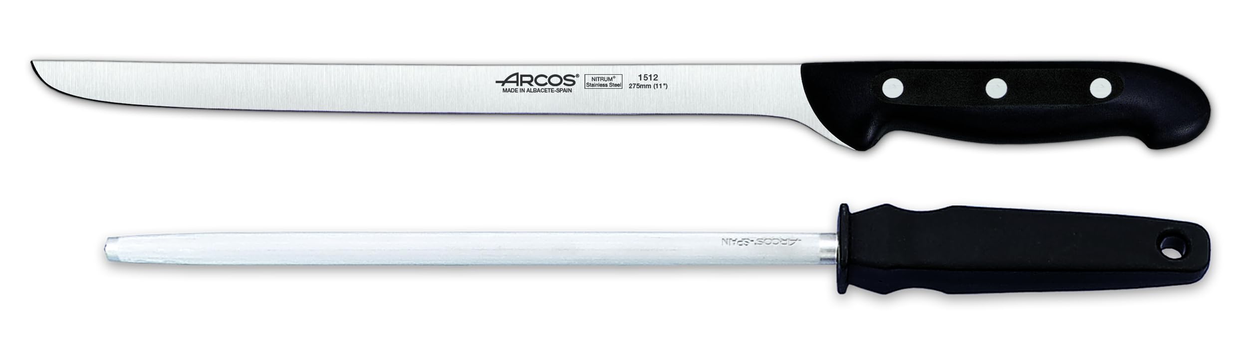 Arcos Serie Maitre - Set di Prosciutto Set di Coltelli 2 Pezzi (1 Coltello + 1 Acciaini Affilatori) - Lama Acciaio Inossidabile Nitrum - Manico Polipropilene - Legno di caucciù