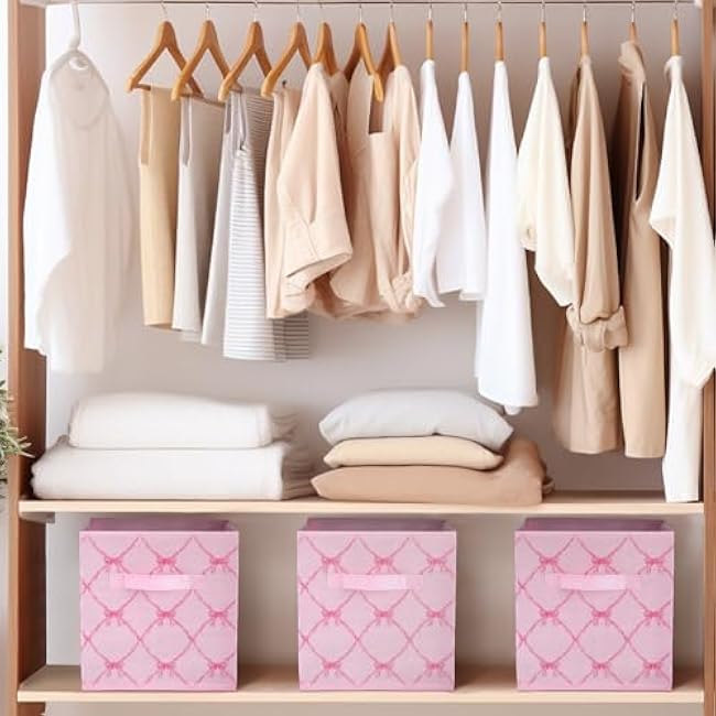 Geelin 6 Pcs Pink Bow Cube Storage Bins 11 Inch Storage Basket with Handle, Preppy Girls Organizer Basket, Collapsible Fabric Box for Classroom Bedrooms Office Home Decoration Gift