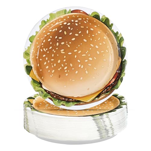 Greencian 50Pcs BBQ Party Decorations 7” Fast Food Hamburger Themed Paper Plates Disposable Barbecue Supplies Picnic Tableware for Food BBQ Themed Party Decorations