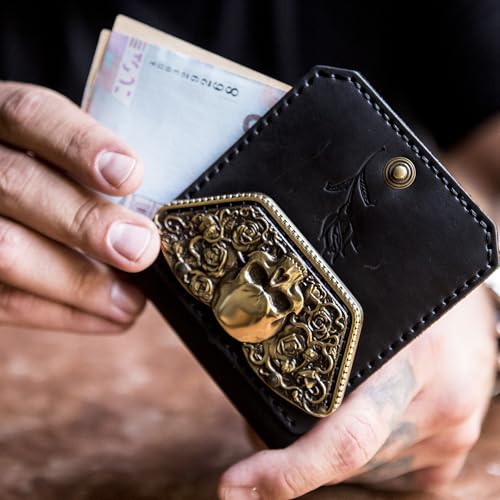 Handmade genuine leather wallet Skulls and Roses, unisex billfold, biker grunge style leather brass clasp wallet2