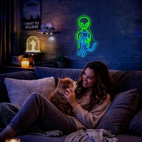 Image of Ineonlife Alien Neon Sign, Cat Led Lights for Wall Decor, Dimmable Led Neon Light Up Sign for Bedroom Green Aliens Cat Light for Game Room Man Cave Party Decoration Alien Gift for Kids Boys (8.6 inch x 16.5 inch)