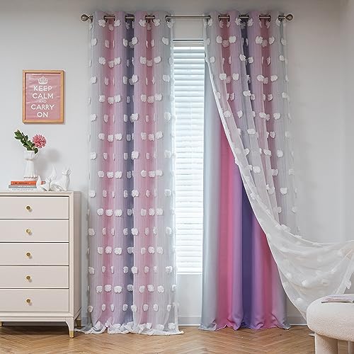 Image of MYSKY HOME Pink Curtains 95 Inch Purple Curtains for Toddler Bedroom White Sheer Pom Pom Double Layer Blackout Curtains for Kids Grommet Room Darkening Curtains for Sliding Door 2 Panels 52 x 95 in