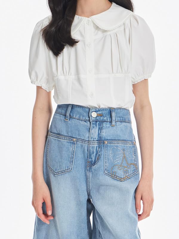 Girls Short Sleeve Bubble Sleeve Blouse,Lace Trim Round Neck Summer Top,Ruffled Hem Princess Shirt Girls Clothing 8-9Y White4