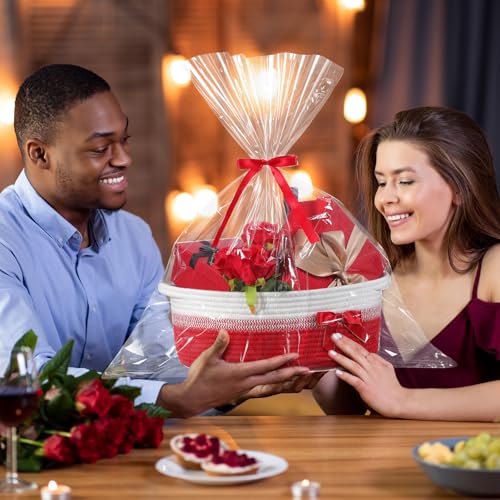 Image of Colingmill 1 Set Woven Basket for Gift Empty with Cellophane Wrap Set 14 x 10 x 5.5 Inch, Medium Decorative Gift Basket Empty to Fill, Cotton Rope Storage Box Decor (Red White)
