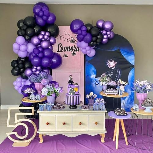 Image of 70pcs 12 inch Purple Black Metallic Silver Latex Balloons with Purple Confetti for Halloween Birthday Anniversary Wednesday Graduation Party Decorations