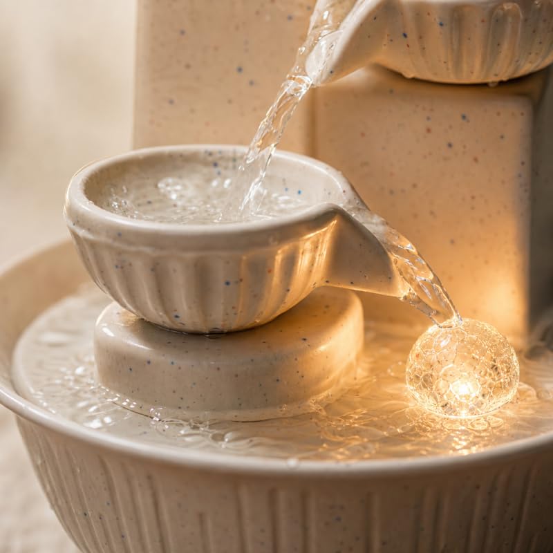 Image of Desk Fountain for Indoor Table, 3-Tier Cascading Waterfall with Warm LED Light - Compact Tabletop Water Feature, Calming Home Office Decor for Bedroom, Yoga Meditation(Cream)