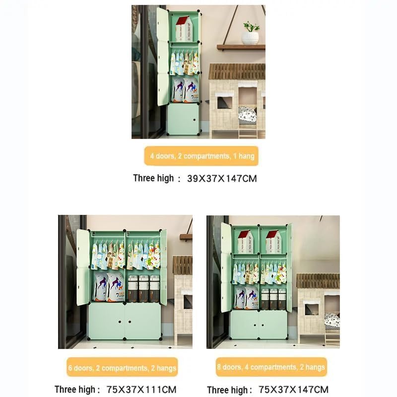 Image of LUHI Plastic Wardrobe for Kids Clothes - Easy to Use Anti-Skid & Non-Slip Effective Professional, Plastic Cupboard for Kids, Foldable Almirah, Collapsible Wardrobe (Green Y3, 8-Shelf-8-Door)