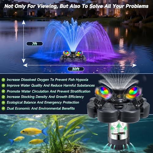 Image of RELIY Pond Fountain Aerator, With 4 RGB Lights 1HP 110V 15000 GPH Stainless Steel Fountain Pump, Fully Automatic Powerful Lake Floating Fountain, 100 FT Power Cord, Programmable Timer Switch