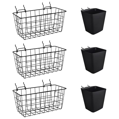 Pegboard Basket Organizers, Peg Board Large Baskets Hooks Bins Cups Tool Organizer 6 Pack Set, Wall Storage Display Hanging Accessories for Craft Office Stadio Shed Garage Organization (Black & Black)