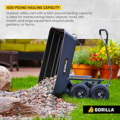 Gorilla Carts Poly Garden Dump Cart, 4 Cu Ft Tub, 600 lb Haul Capacity, Black – Heavy-Duty Utility Wagon with Quick-Release Dumping & Pneumatic Tires for Yard, Landscaping and Gardening