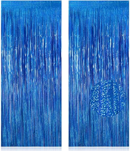 Image of 2 Pack Fringe Curtains Backdrops, Foil Fringe Curtains, Door Streamers for Birthday Wedding Bridal Shower Holiday Graduation Party Decorations, Photo Booth Backdrops, Glitter Blue