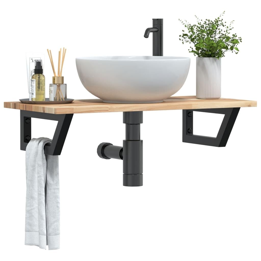 Estantería para lavabo de pared de acero de madera de acacia, placa superior de 80 x 40 cm, 2 soportes, ahorra espacio para lavabo, organizador de baño para espacio de almacenamiento