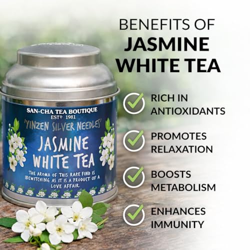 Image of Sancha Tea Boutique, Jasmine White Tea, 25g Silver Needle White Tea Buds, Chinese White Tea with Jasmine Blossoms, Rare Floral Loose Leaf Tea