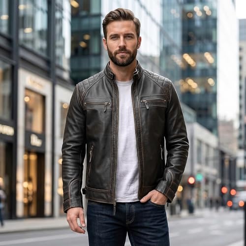 Image of Leather Jacket Men - Real Lambskin Motorcycle Jacket with Snap Tab Collar, Adjustable Waist & Zippered Pockets