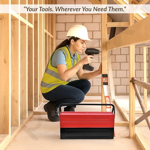Image of Plantex Tool Box Empty /Sturdy Tools Storage Box With Large Capacity /Empty Tool Box /Tool Organizer for Carpenter, Garage, And Home Essential Tools - 5 Compartments - (Red & Black) - Metal