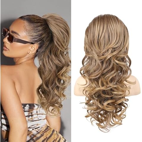 SEIKEA Ponytail Extension, 22" Long Wavy Curly Drawstring Ponytail Multi-layered Fluffy Thick Clip in Hair Extensions Ponytail Natural Soft Synthetic Hairpiece Brown to Blonde Cover