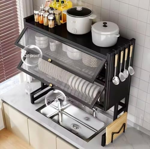 Image of HomeCloud Over-The-Sink Dish Drying Rack with Dustproof Flip Cover Door | Easy DIY Assembly with Video Guide in Listing & Manual Inside the Box | Approx. 15-Minute Installation (Black, 90x85x28Cm)