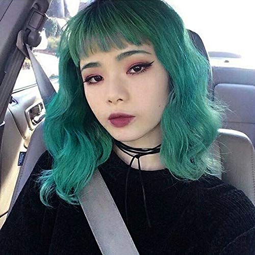 AISI HAIR Bob Wavy Short Hair Wig with Bangs for Women Synthetic Hair Wigs Green Curly Cosplay Wig Shoulder Length Heat Resistant Fiber