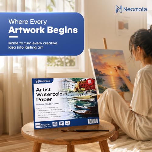 Image of Neomate Artists Watercolour Paper | 300 GSM, Size A4, Cold Pressed | Pack of 12 Sheets | Ideal for Artist, Professional Drawing, Painting Dry & Wet, Fine Arts Students