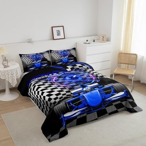 Image of Feelyou Kids Blue Race Car Duvet Insert Queen Size, Racing Car Comforter Set Boys Girls Karting Road Bedding Set Teens Bedroom Decor 3Pcs