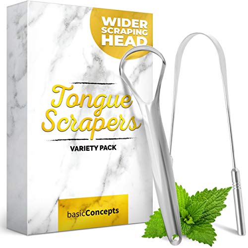 Tongue Scraper (Variety 2 Pack), Reduce Bad Breath, Stainless Steel Tongue Cleaners, 100% BPA Free Metal Tongue Scrapers Fresher Breath in Seconds