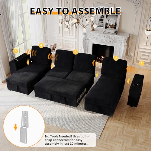 Image of Modular Sectional Sleeper Sofa Bed, 117 inch U-Shaped Sofa with Dual Storage Chaise | Reclining Backrest | Wide Armrest, Couches for Living Room, 4 in 1 Pull Out Couch Bed, Corduroy Black
