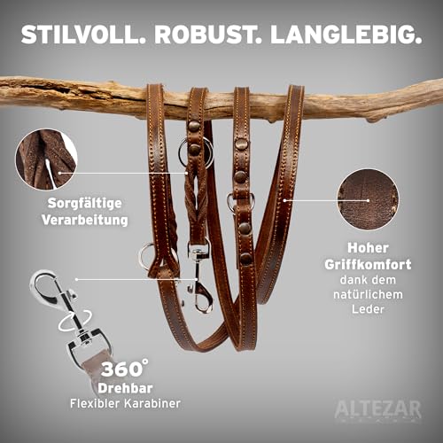 ALTEZAR Handgemachte Hundeleine Leder – Handgefertigt für mittelgroße und kleine Hunde Robuste Fettlederleine mit Verstellbare Lederleine für Hund klein und mittelgroß – dünne Leder-Leine Braun