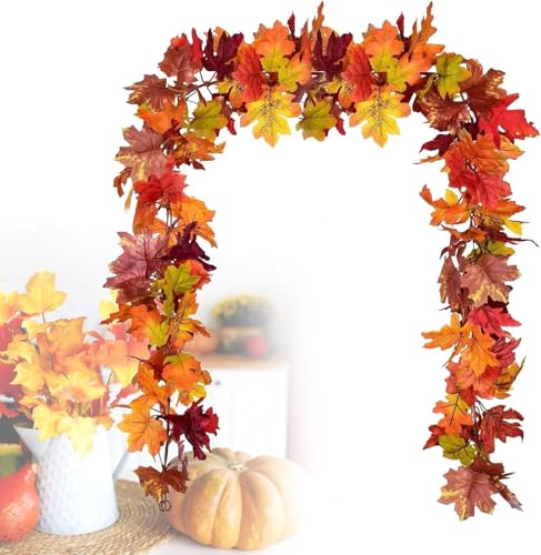 Fall Leaf Garland Autumn Foliage Mantel & Table - Autumn Thanksgiving Fall Decor 1.8m/Piece Easy Hanging Artificial Maple Leaf Garland-2pack