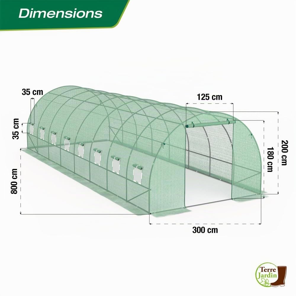 TERRE JARDIN Serre Tunnel de Jardin 24M² avec bâche renforcée 8 x 3 m