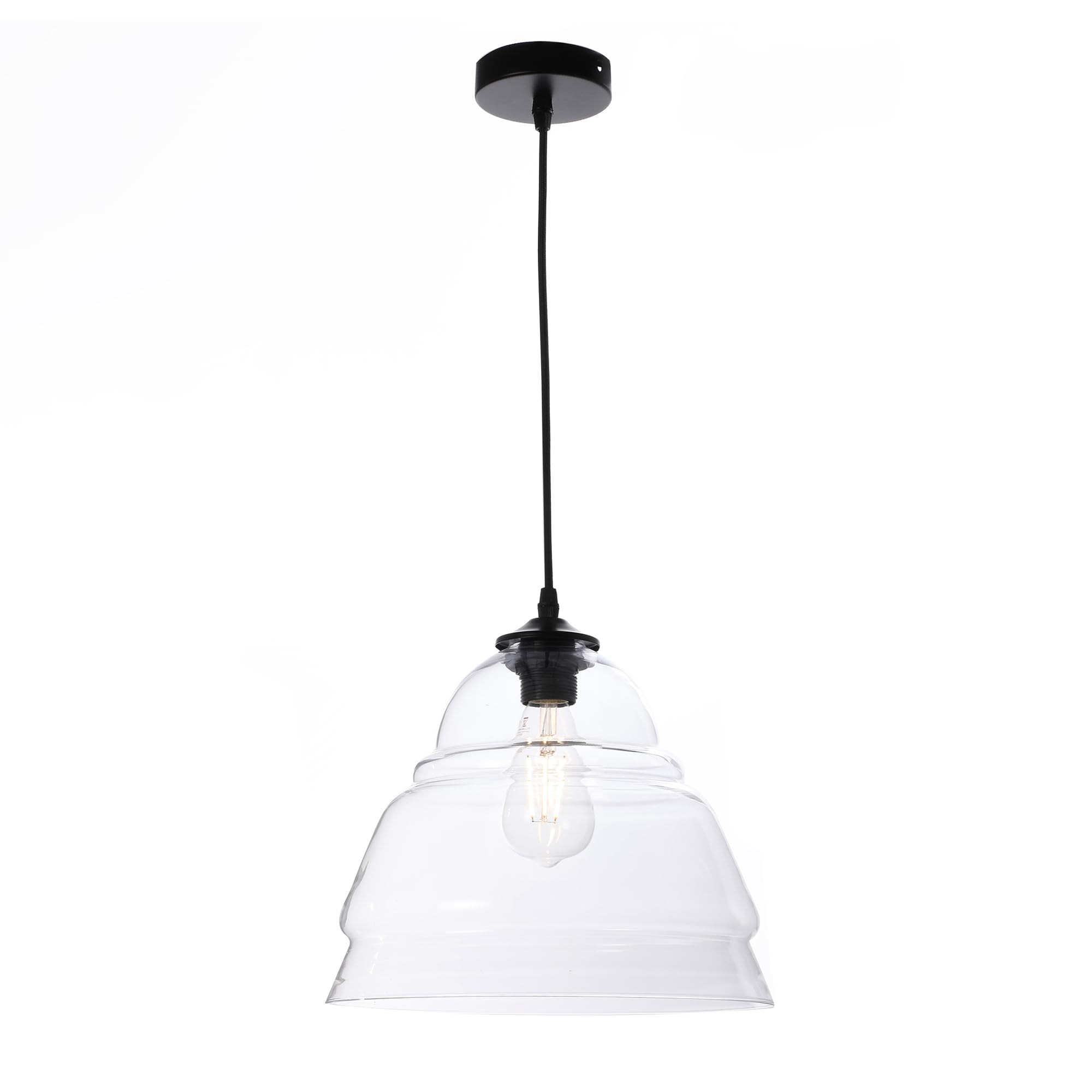 LUSSIOL - Luminaire Belly, lustre cloche- rétro - lampe suspendue en verre transparent - câble plastique noir, douille E27 - possibilité ampoule LED - 40W maxi, Diam. 30 x H. 24 cm