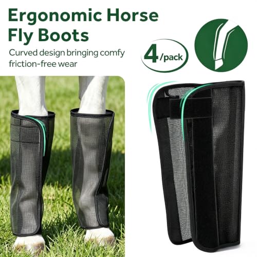 Image of Fly Boots for Horses - 4 Pack Horse Breathable Mesh with UV-Protection Leggings Boot, Reduces Stomping & Anti-Sag Stays for Medium Large Size Equine Leg Protectors(Black)