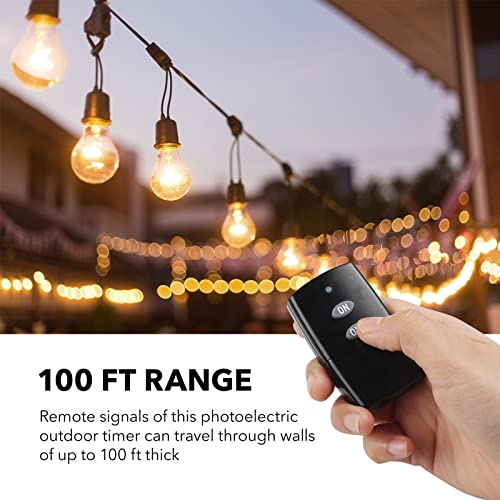 Bn-Link Outdoor Light Timer Waterproof 15A, 24-Hour Plug In Light Sensor Countdown Timer (2, 4, 6 Or 8 Hours Mode), 100Ft Range Remote Control With 2 Grounded Outlets For Home And Garden, Etl Listed #TOP4