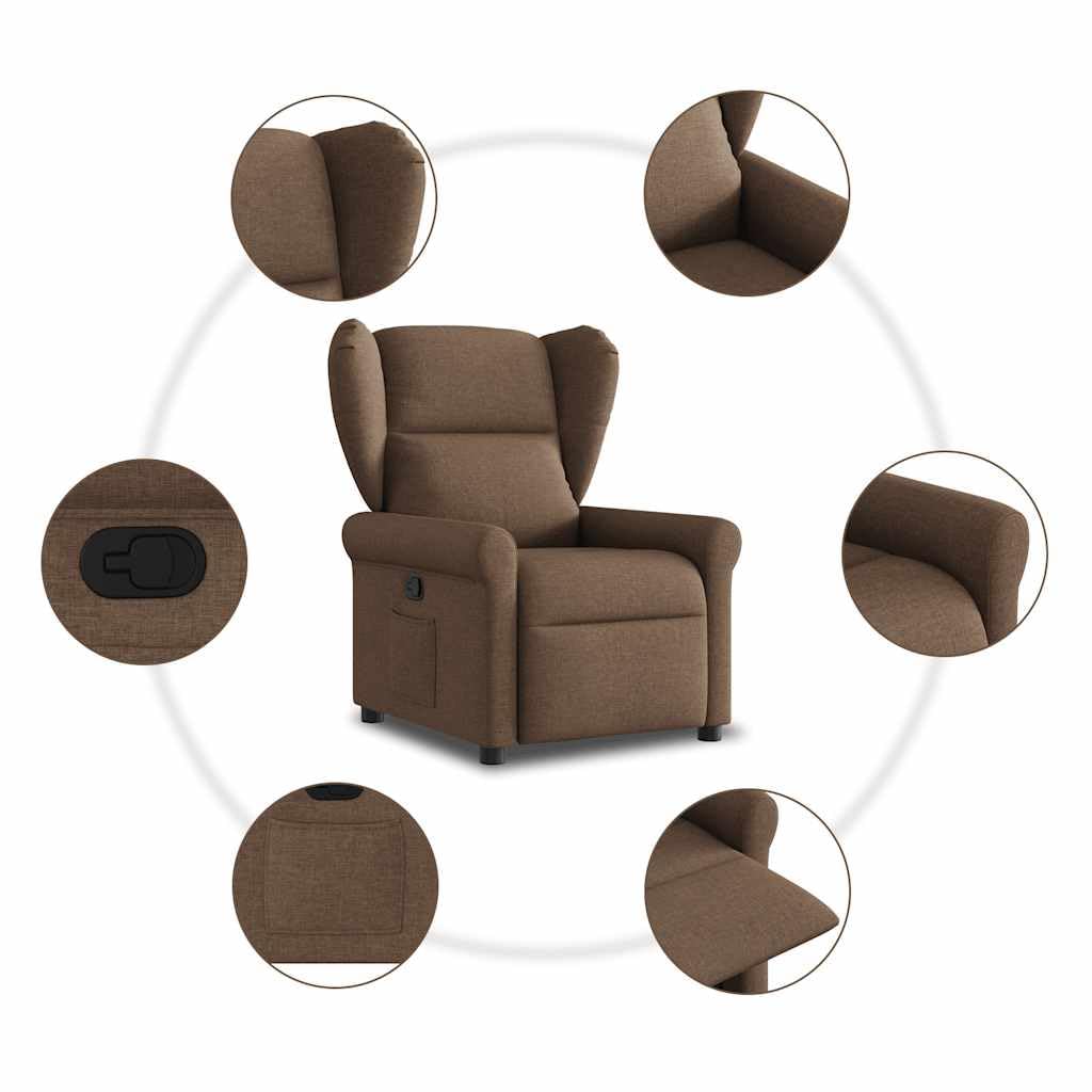 Fotel relaksacyjny, brązowy, materiał z regulowanym oparciem i podnóżkiem, ergonomiczny fotel tapicerowany z drewnianą metalową ramą, do salonu, biura, relaksu, czytania, oglądania telewizji