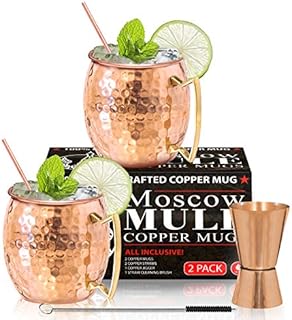 Moscow Mule Copper Mugs - Set of 2 - 100% HANDCRAFTED - Food Safe Pure Solid Copper Mugs - 16 oz Gift Set with BONUS - Premium Quality Cocktail Copper Straws, Straw Cleaning Brush and Jigger!